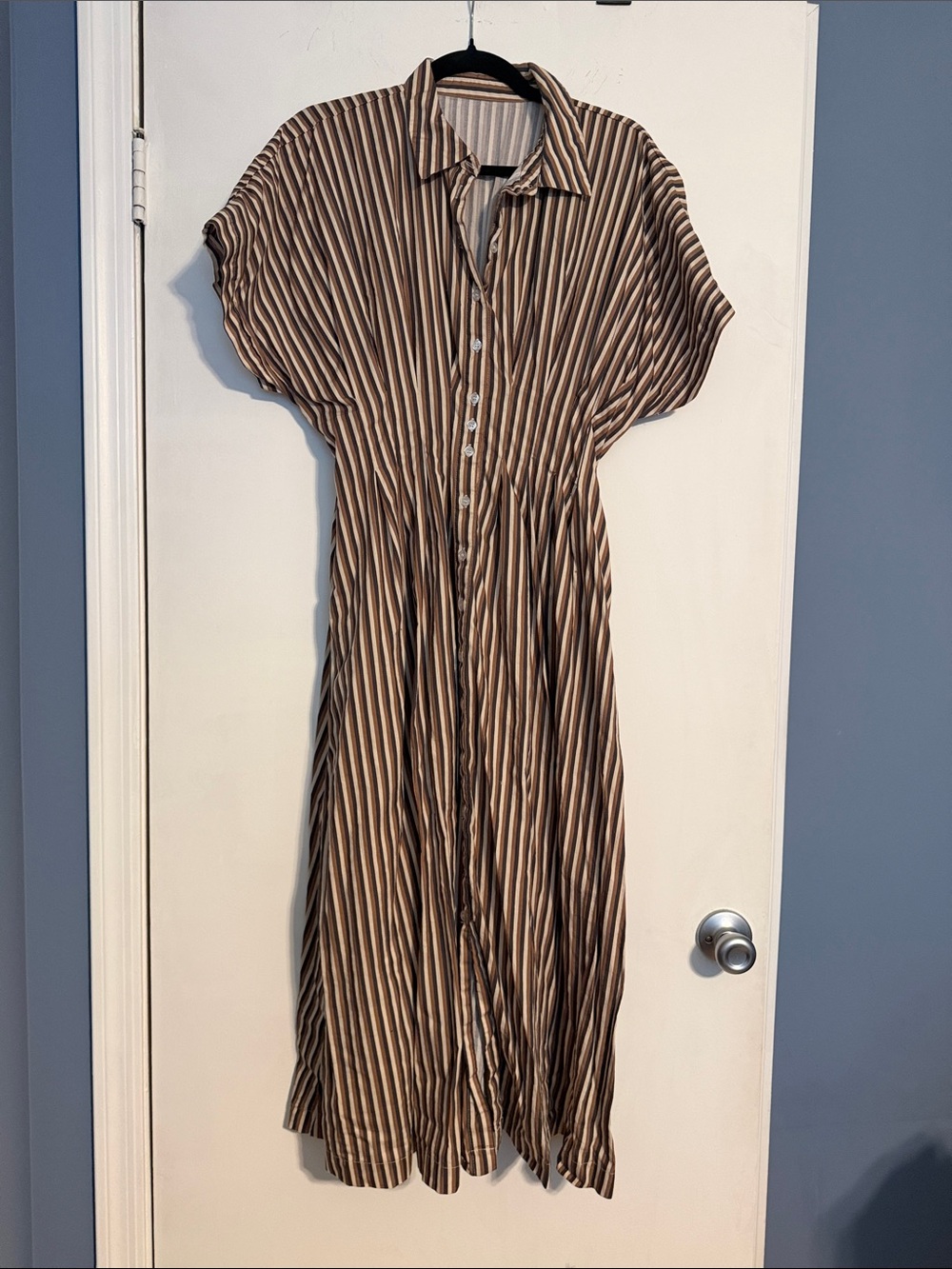 Striped Brown, Button-Front, Pleated Shirt Dress, size Small